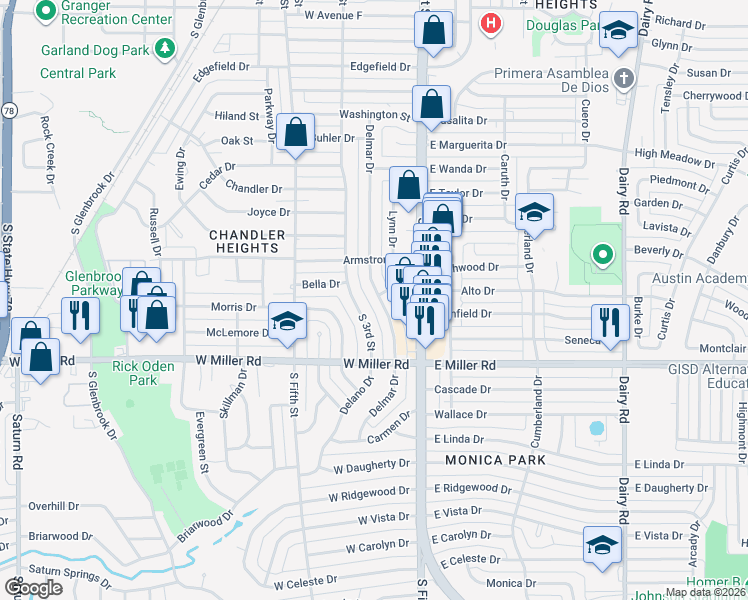map of restaurants, bars, coffee shops, grocery stores, and more near 1815 Delmar Drive in Garland