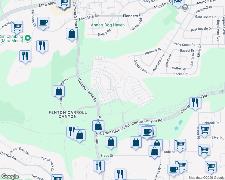 map of restaurants, bars, coffee shops, grocery stores, and more near Camino Santa Fe in San Diego