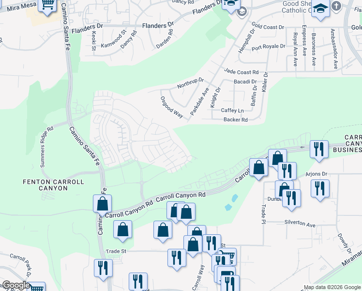 map of restaurants, bars, coffee shops, grocery stores, and more near 8177 Rose Quartz Circle in San Diego