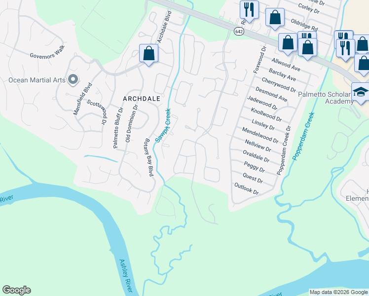 map of restaurants, bars, coffee shops, grocery stores, and more near 7968 Vermont Road in North Charleston