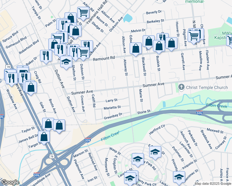 map of restaurants, bars, coffee shops, grocery stores, and more near 1535 Sumner Avenue in North Charleston