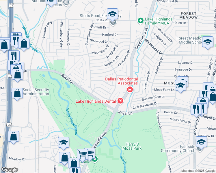 map of restaurants, bars, coffee shops, grocery stores, and more near 8608 Stillwater Drive in Dallas