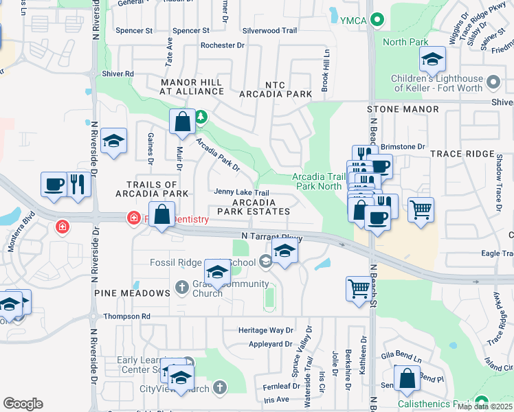 map of restaurants, bars, coffee shops, grocery stores, and more near 4172 Tupelo Trail in Fort Worth