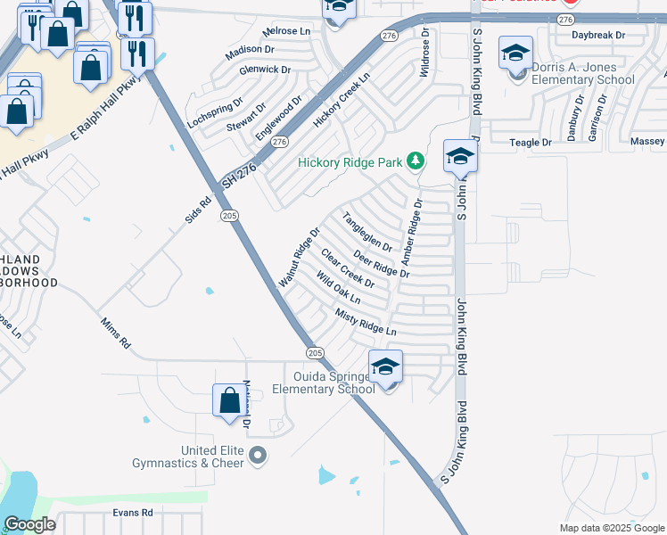 map of restaurants, bars, coffee shops, grocery stores, and more near 2839 Clear Creek Drive in Rockwall