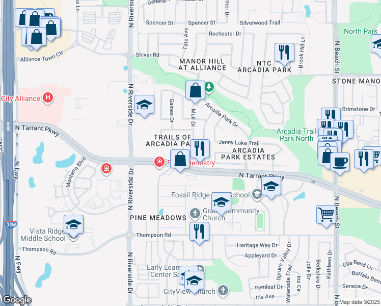map of restaurants, bars, coffee shops, grocery stores, and more near 8525 Muir Drive in Fort Worth