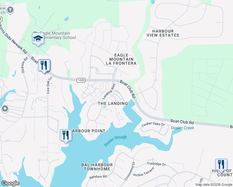 map of restaurants, bars, coffee shops, grocery stores, and more near 9653 Lea Shore St in Fort Worth