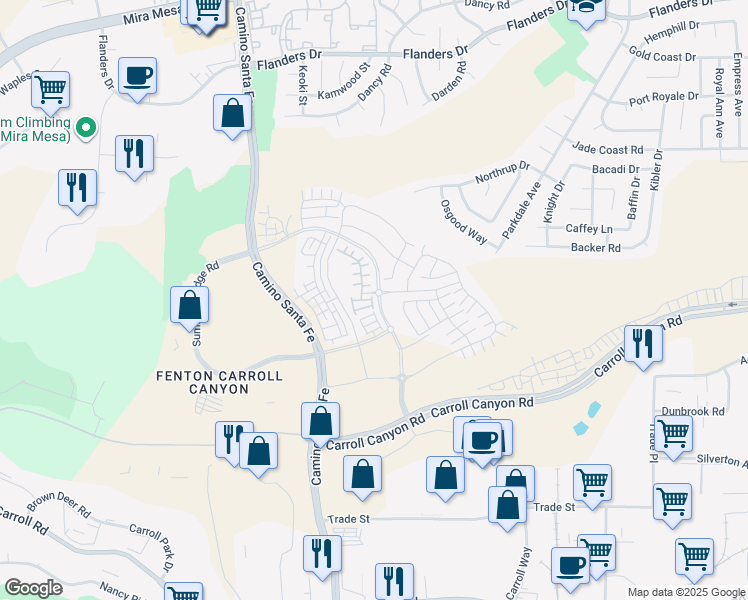 map of restaurants, bars, coffee shops, grocery stores, and more near 10431 Newbliss Way in San Diego