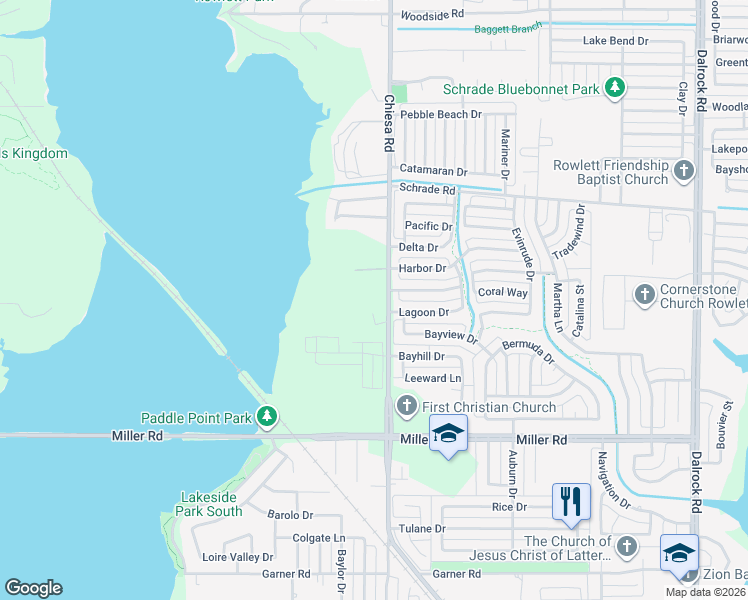map of restaurants, bars, coffee shops, grocery stores, and more near 3917 Chiesa Road in Rowlett