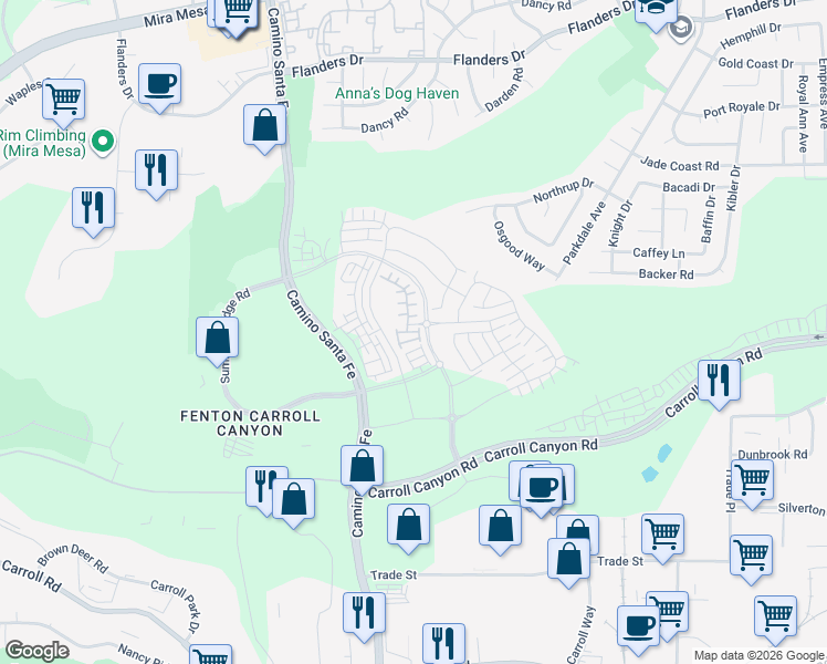 map of restaurants, bars, coffee shops, grocery stores, and more near Camino Santa Fe in San Diego