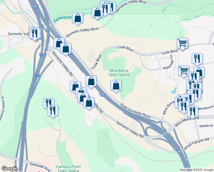 map of restaurants, bars, coffee shops, grocery stores, and more near 10251 Vista Sorrento Pkwy in San Diego