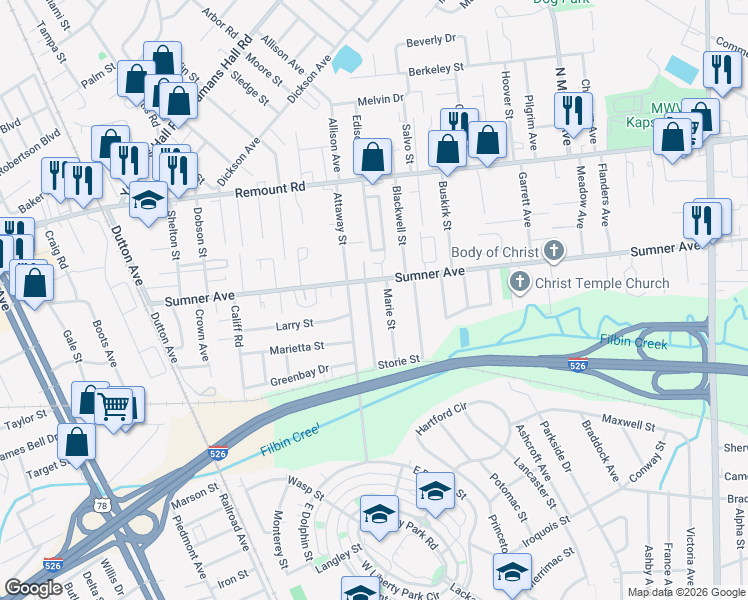 map of restaurants, bars, coffee shops, grocery stores, and more near 5463 Marie Street in North Charleston