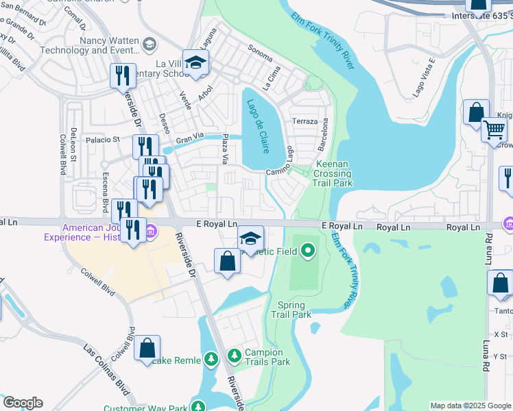 map of restaurants, bars, coffee shops, grocery stores, and more near 693 East Royal Lane in Irving