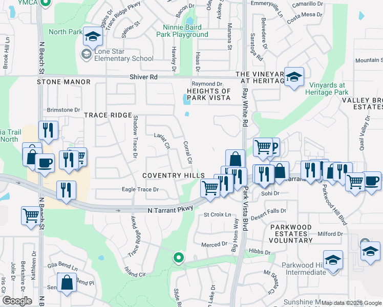 map of restaurants, bars, coffee shops, grocery stores, and more near 8620 Corral Circle in Fort Worth