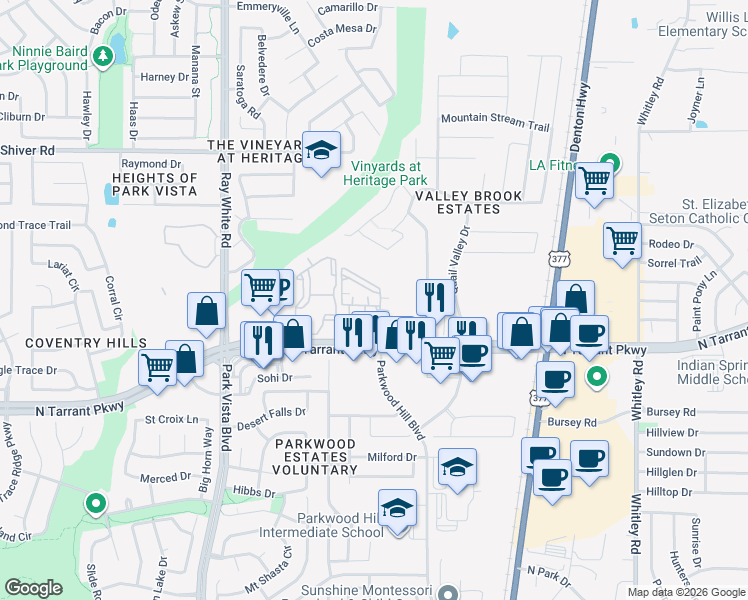 map of restaurants, bars, coffee shops, grocery stores, and more near 8525 Aventine Lane in Fort Worth