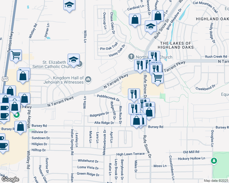 map of restaurants, bars, coffee shops, grocery stores, and more near 500 North Tarrant Parkway in Keller