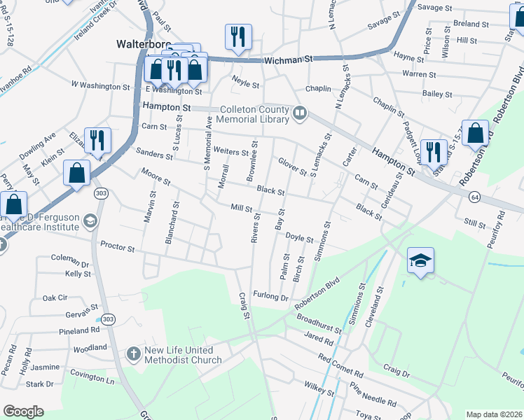 map of restaurants, bars, coffee shops, grocery stores, and more near 317 Rivers Street in Walterboro