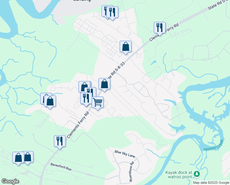map of restaurants, bars, coffee shops, grocery stores, and more near 2475 Clements Ferry Road in Charleston