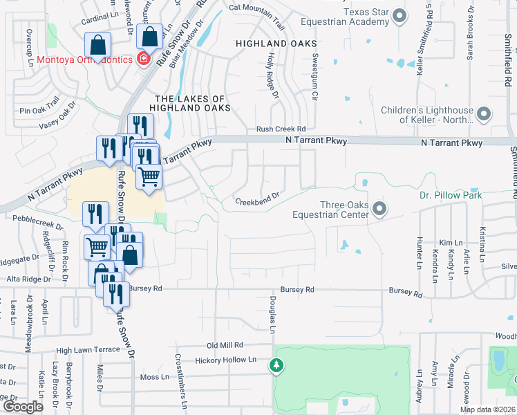 map of restaurants, bars, coffee shops, grocery stores, and more near 916 Creekbend Drive in Keller