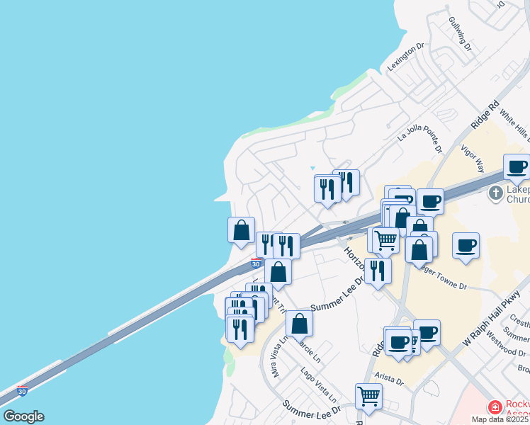 map of restaurants, bars, coffee shops, grocery stores, and more near 1895 Huron Drive in Rockwall