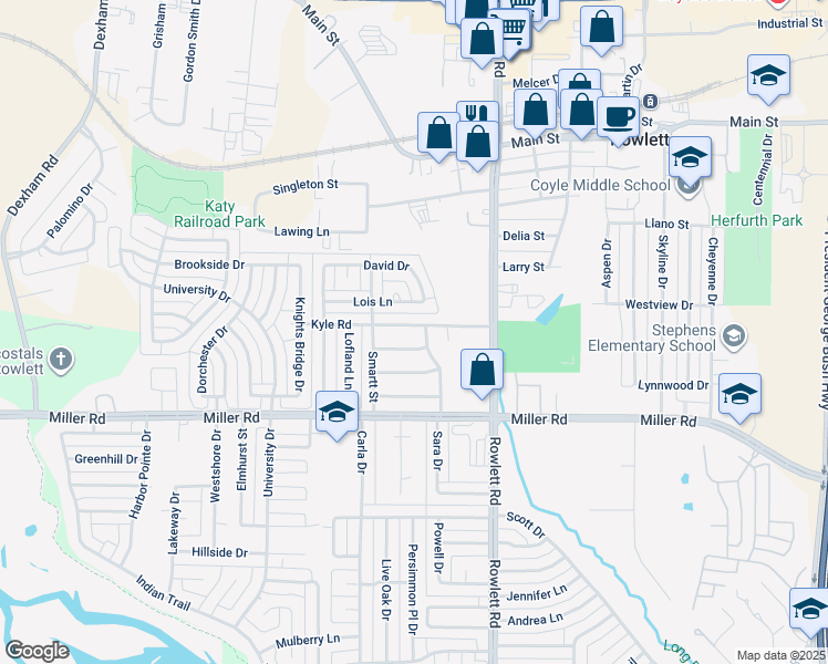 map of restaurants, bars, coffee shops, grocery stores, and more near 3102 Kyle Road in Rowlett