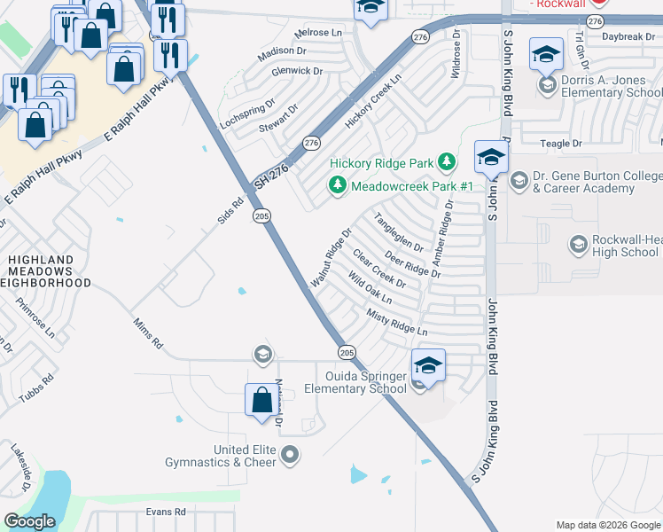 map of restaurants, bars, coffee shops, grocery stores, and more near 2801 Wild Oak Lane in Rockwall