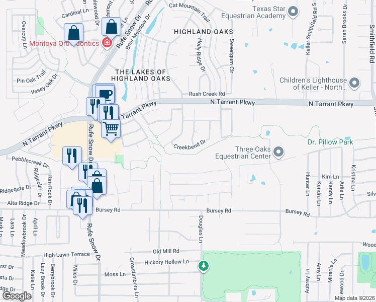 map of restaurants, bars, coffee shops, grocery stores, and more near 916 Creekbend Drive in Keller