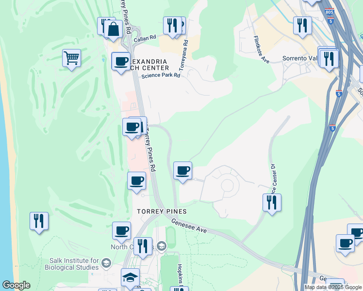 map of restaurants, bars, coffee shops, grocery stores, and more near 10675 John Jay Hopkins Drive in San Diego