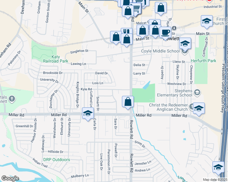 map of restaurants, bars, coffee shops, grocery stores, and more near 3830 Lisa Drive in Rowlett
