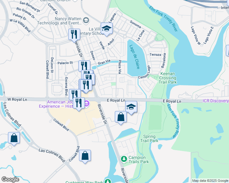 map of restaurants, bars, coffee shops, grocery stores, and more near 6427 Tranquilo in Irving