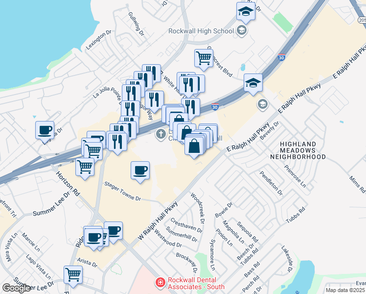 map of restaurants, bars, coffee shops, grocery stores, and more near 2717 Market Center Drive in Rockwall