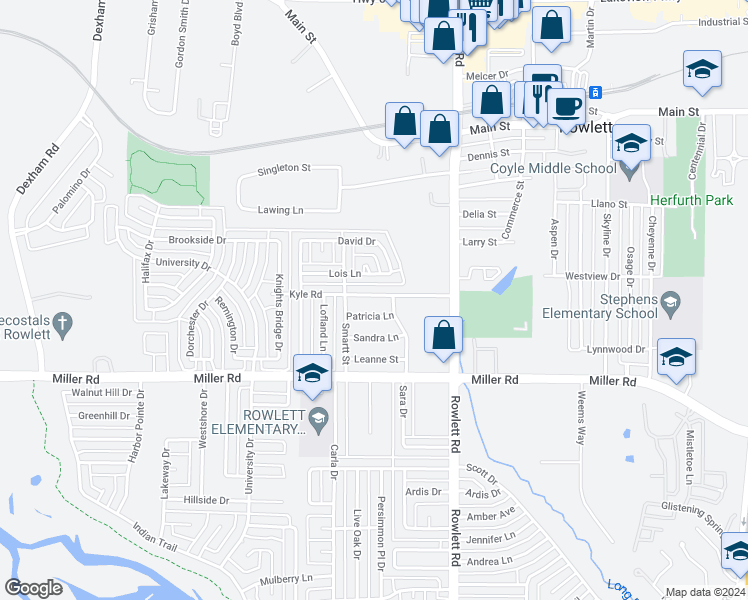 map of restaurants, bars, coffee shops, grocery stores, and more near 3022 Kyle Road in Rowlett