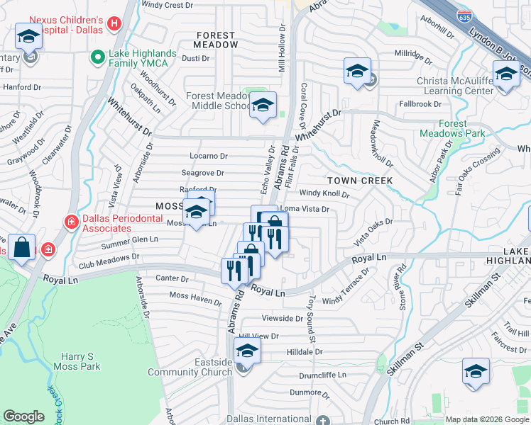 map of restaurants, bars, coffee shops, grocery stores, and more near 9350 Loma Vista Drive in Dallas