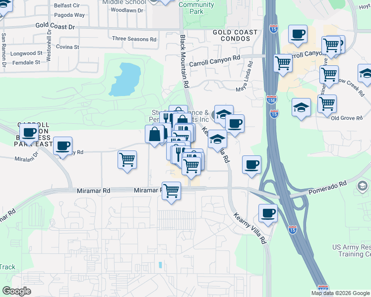 map of restaurants, bars, coffee shops, grocery stores, and more near 9550 Black Mountain Road in San Diego