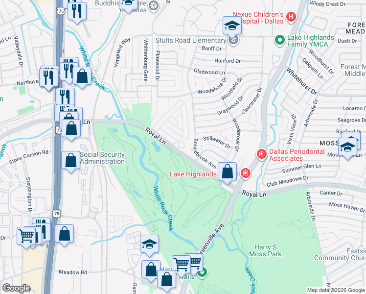map of restaurants, bars, coffee shops, grocery stores, and more near 8825 Boundbrook Circle in Dallas