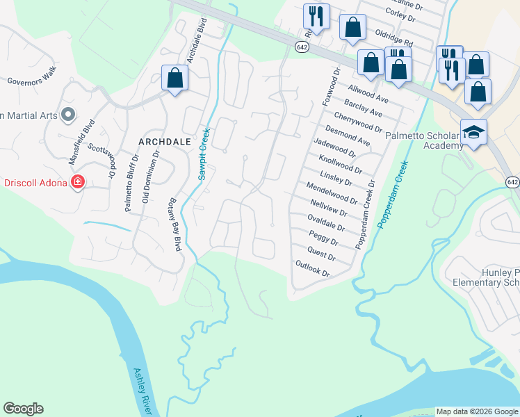 map of restaurants, bars, coffee shops, grocery stores, and more near 7891 Montview Road in North Charleston