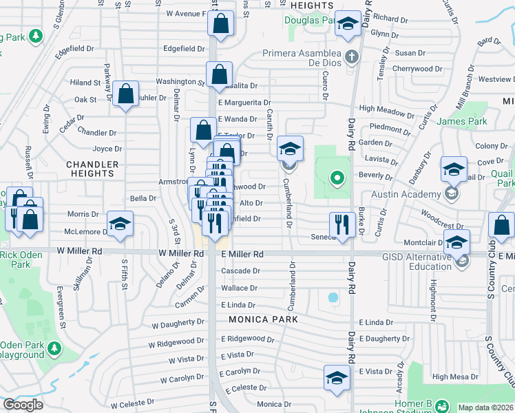 map of restaurants, bars, coffee shops, grocery stores, and more near 220 Alto Drive in Garland