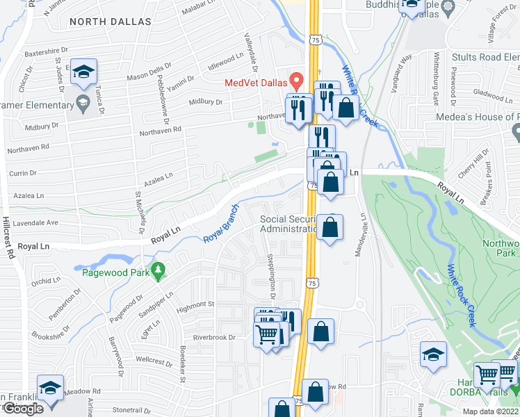 map of restaurants, bars, coffee shops, grocery stores, and more near 10931 Stone Canyon Road in Dallas
