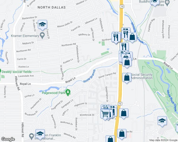 map of restaurants, bars, coffee shops, grocery stores, and more near 7547 Royal Place in Dallas