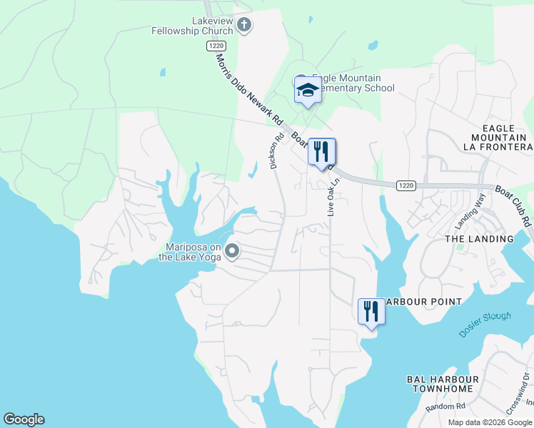 map of restaurants, bars, coffee shops, grocery stores, and more near 9525 Dickson Road in Fort Worth