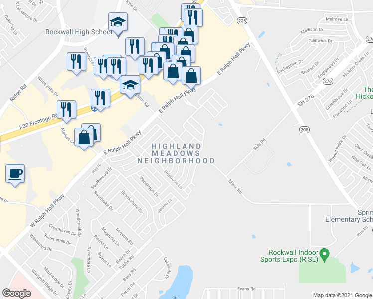 map of restaurants, bars, coffee shops, grocery stores, and more near 830 Sunflower Trail in Rockwall