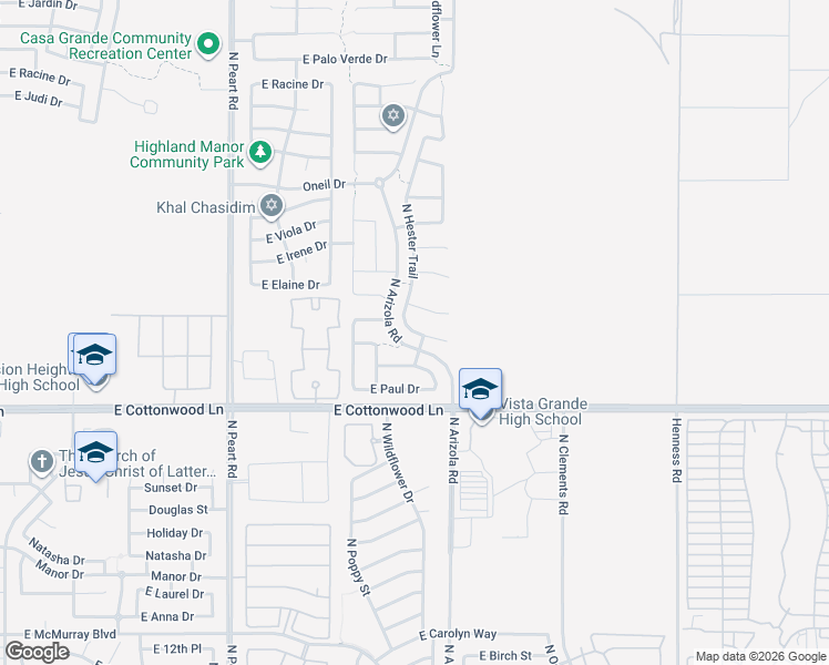 map of restaurants, bars, coffee shops, grocery stores, and more near 1665 North Hester Trail in Casa Grande
