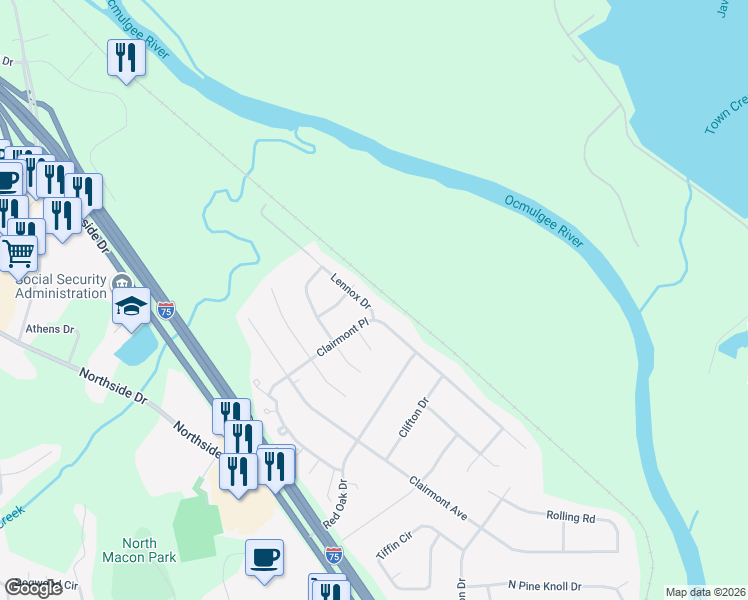 map of restaurants, bars, coffee shops, grocery stores, and more near 3209 Lennox Drive in Macon