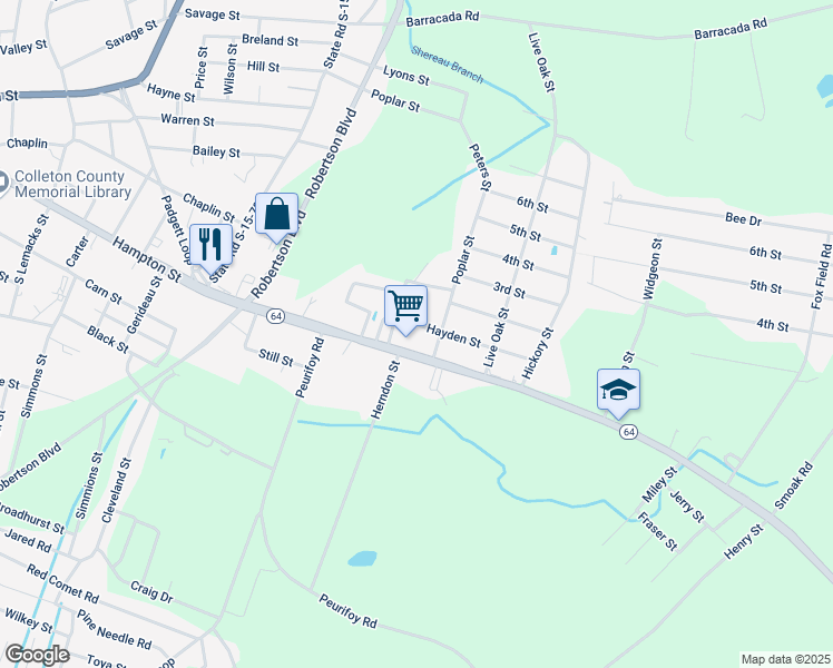 map of restaurants, bars, coffee shops, grocery stores, and more near 1609 Hampton Street in Walterboro