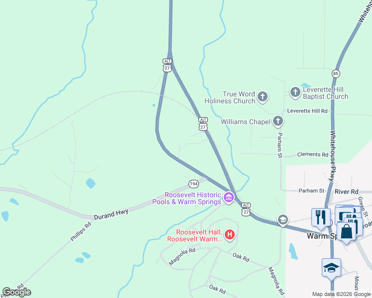 map of restaurants, bars, coffee shops, grocery stores, and more near 126 Crawl Road in Warm Springs