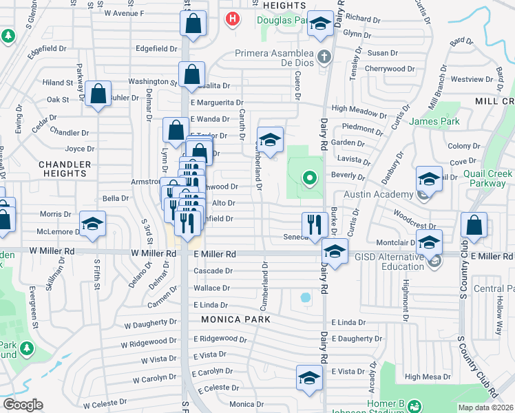 map of restaurants, bars, coffee shops, grocery stores, and more near 311 Glenfield Drive in Garland