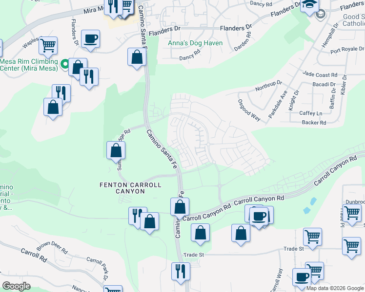map of restaurants, bars, coffee shops, grocery stores, and more near 10502 Coupland Way in San Diego