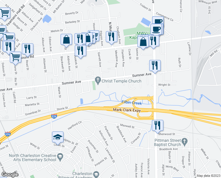 map of restaurants, bars, coffee shops, grocery stores, and more near 5460 Assembly Street in North Charleston