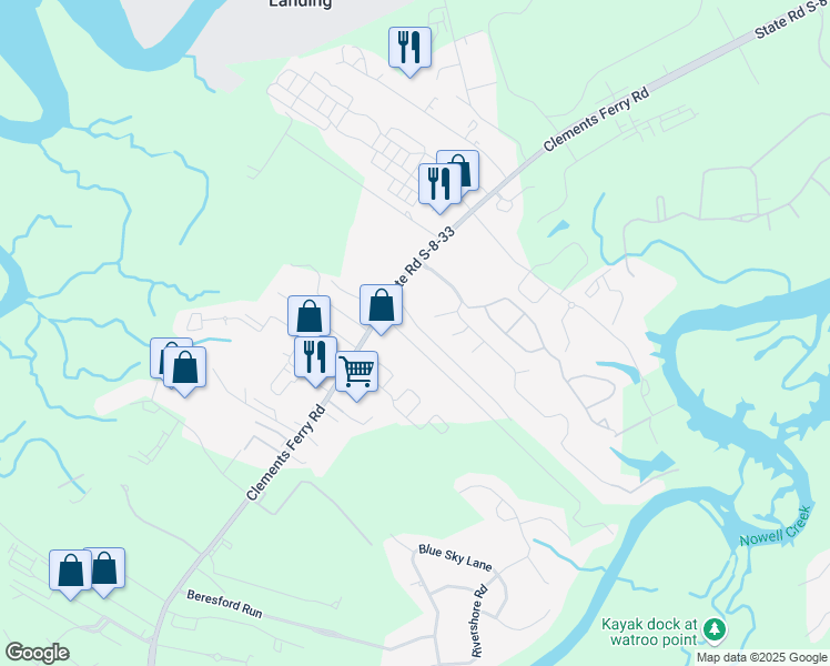 map of restaurants, bars, coffee shops, grocery stores, and more near 2475 Clements Ferry Road in Charleston