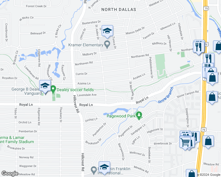 map of restaurants, bars, coffee shops, grocery stores, and more near 7205 Lavendale Circle in Dallas
