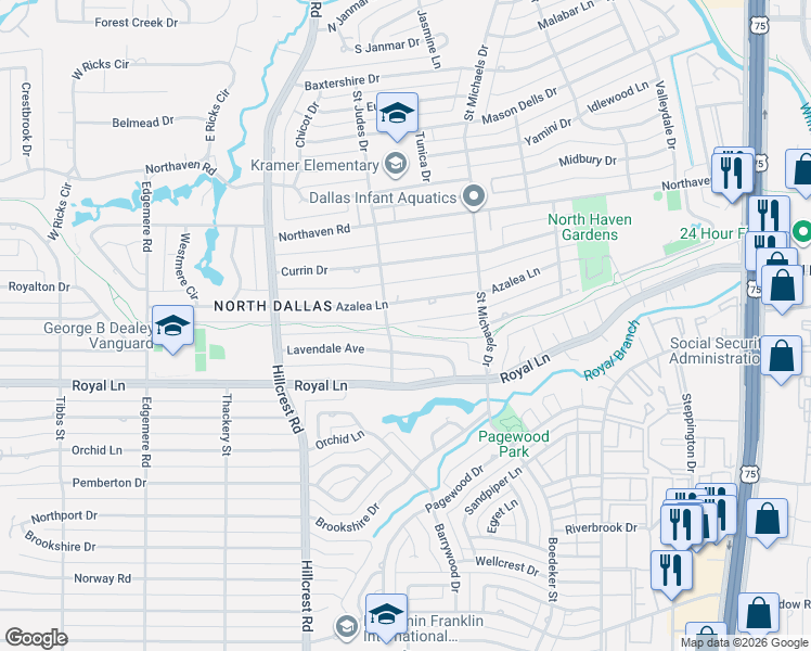 map of restaurants, bars, coffee shops, grocery stores, and more near 7205 Lavendale Circle in Dallas